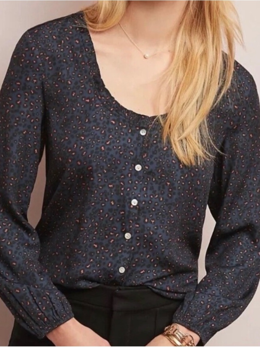 #962 Anthropologie DOLAN Pink Leopard Mixed Media Black Blouse